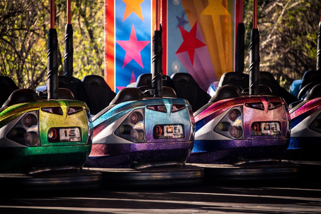 Glittery bumper cars at a funfair